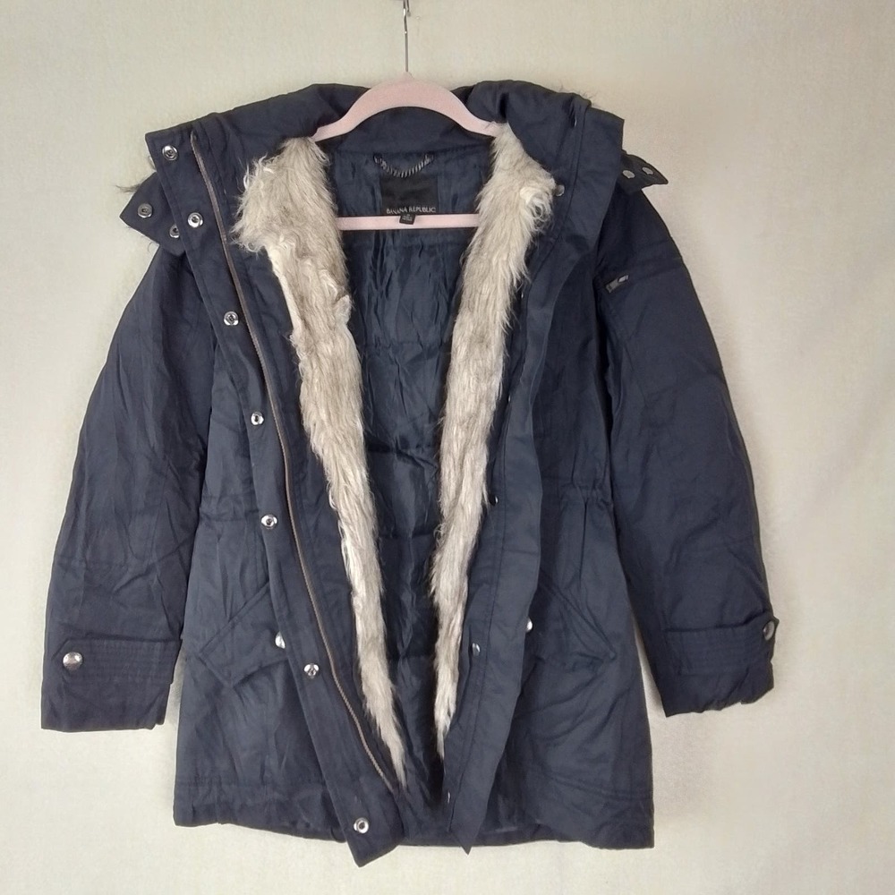 Banana Republic Hooded Down‎ Filled Coat Size Small Petite in Navy